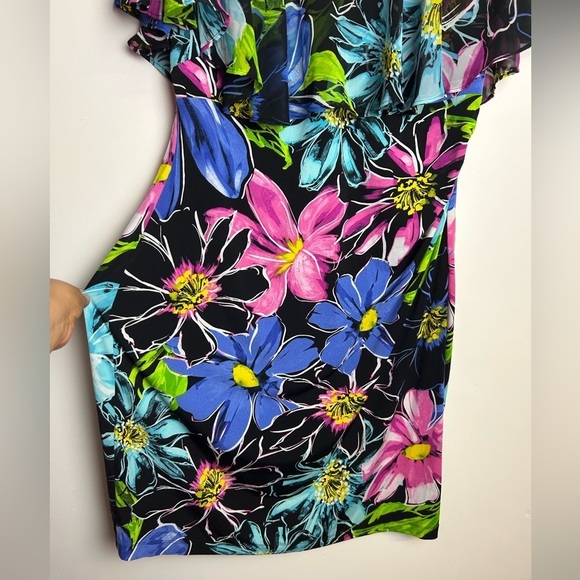 Connected Apparel Midi Dress Plus Sz 16 Floral Ruffle V-Neck Stretch Boho Artsy - Picture 6 of 11